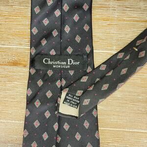 Vintage Christian Dior Monsieur Black Silk Tie Geometric Pattern Made in USA
